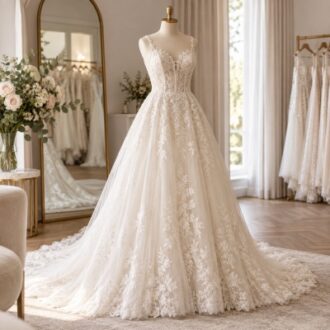 Ivory lace bridal dress displayed in a wedding dress showroom for wholesale and OEM buyers