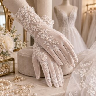 Ivory lace bridal gloves with pearl details displayed for wholesale wedding accessory buyers