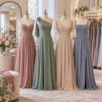 Pastel bridesmaid dresses on mannequins in a bridal showroom for wholesale buyers and bridal brands
