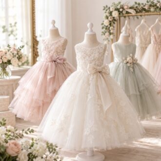 Flower girl dresses in ivory blush and pastel colors displayed for wholesale bridal collections
