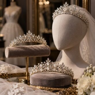 Crystal and pearl wedding tiaras displayed in a bridal boutique for wholesale and bridal accessory sourcing