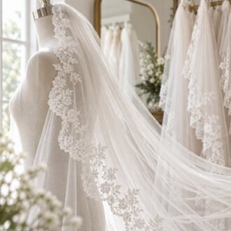 Lace wedding veil displayed on a mannequin in a bridal atelier for wholesale and OEM sourcing