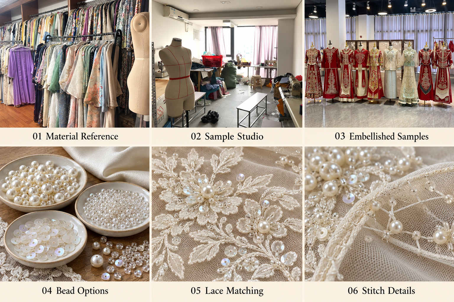 Bridal bead options, embellished lace and attachment stitches with original sample room photos.