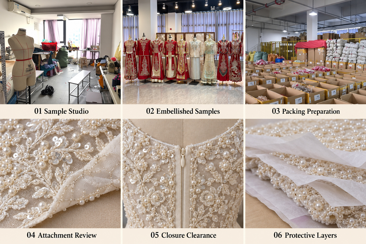 Bridal beadwork attachment, zipper clearance and protective packing with original sample photos.