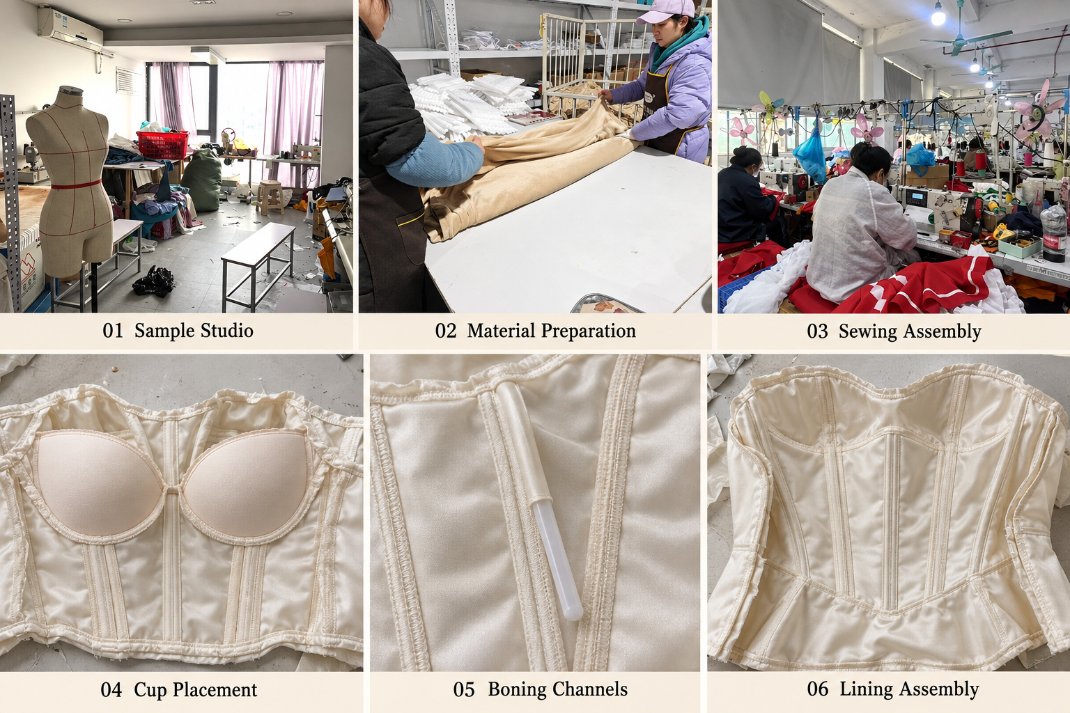 Bridal bodice assembly with cup placement, boning channels and lining details.