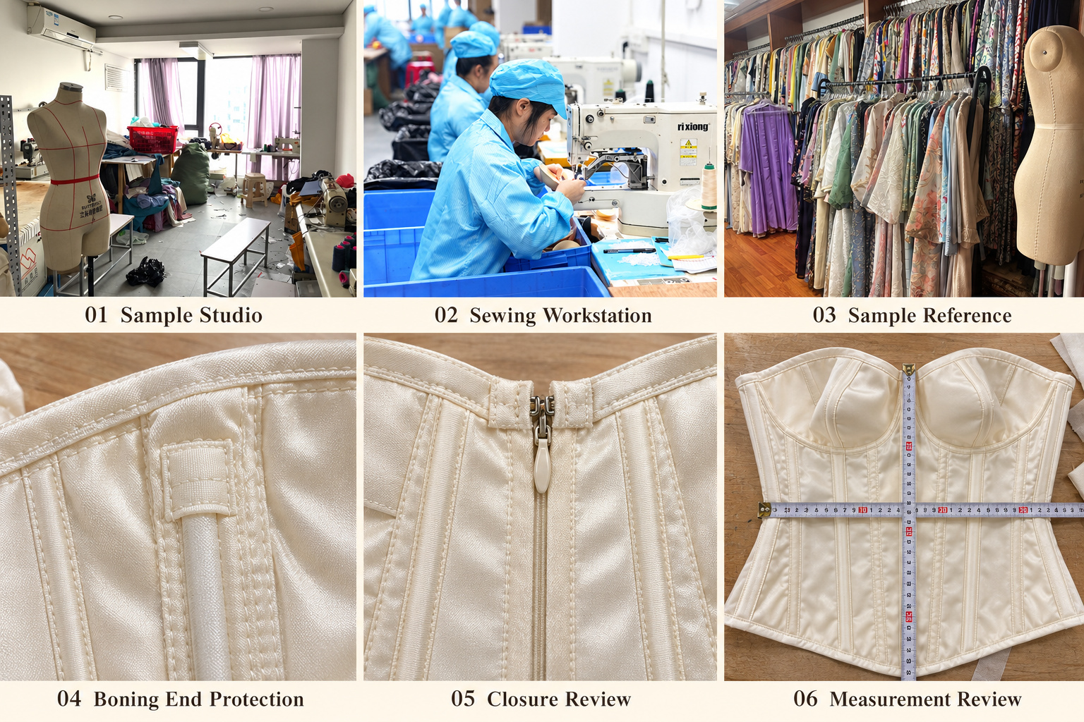 Bridal bodice details showing boning end protection, back closure and measurement review.