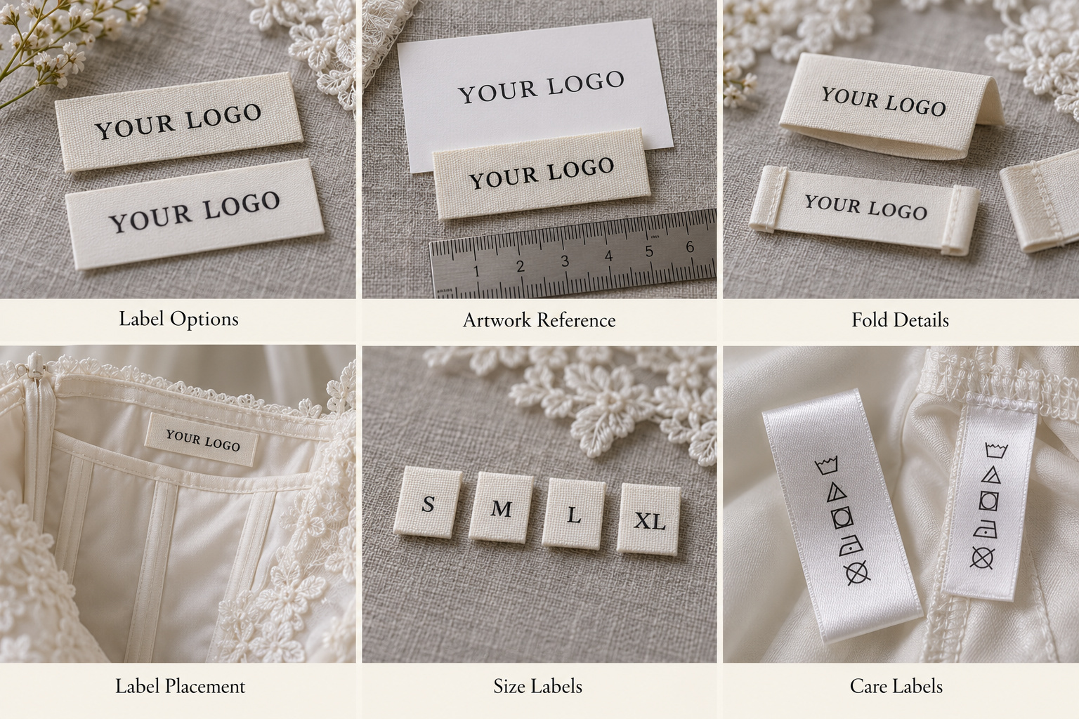 Bridal brand label development with woven labels, folds, placement and care tags.