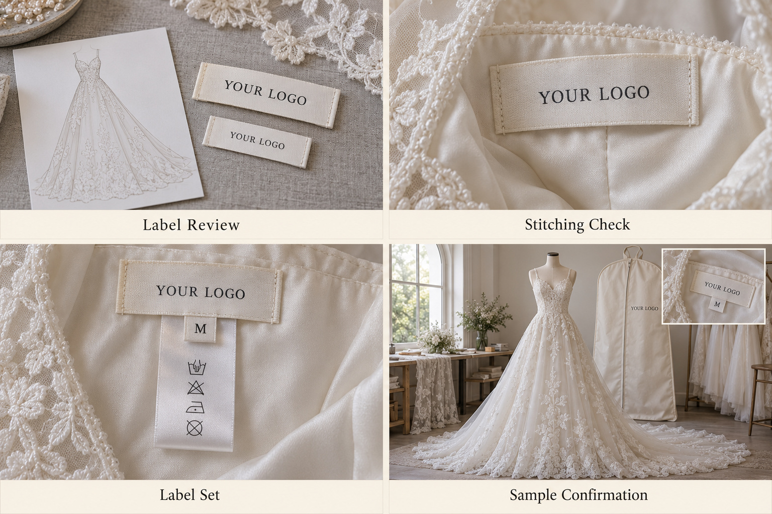 Bridal brand label review, stitching details and lace gown with garment bag.