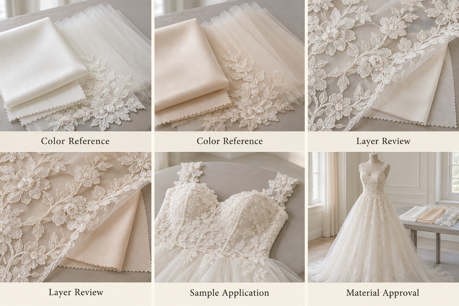 Bridal color swatches, lace layers and matching gown sample.