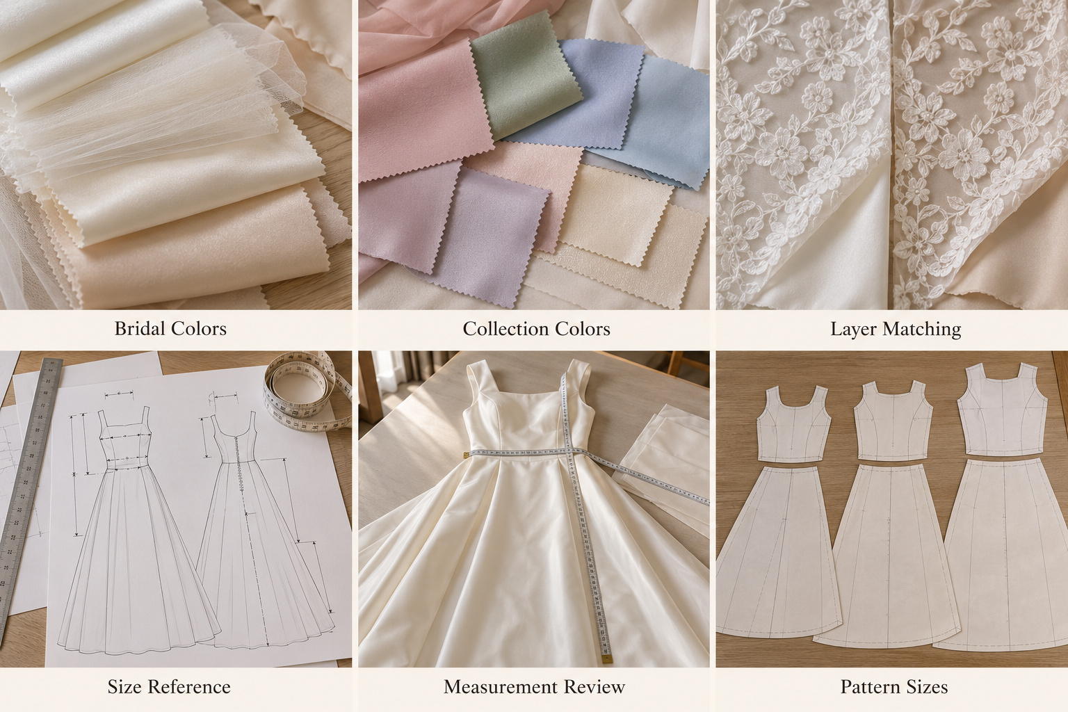 Bridal color swatches, lining combinations, satin gown measurements and patterns.