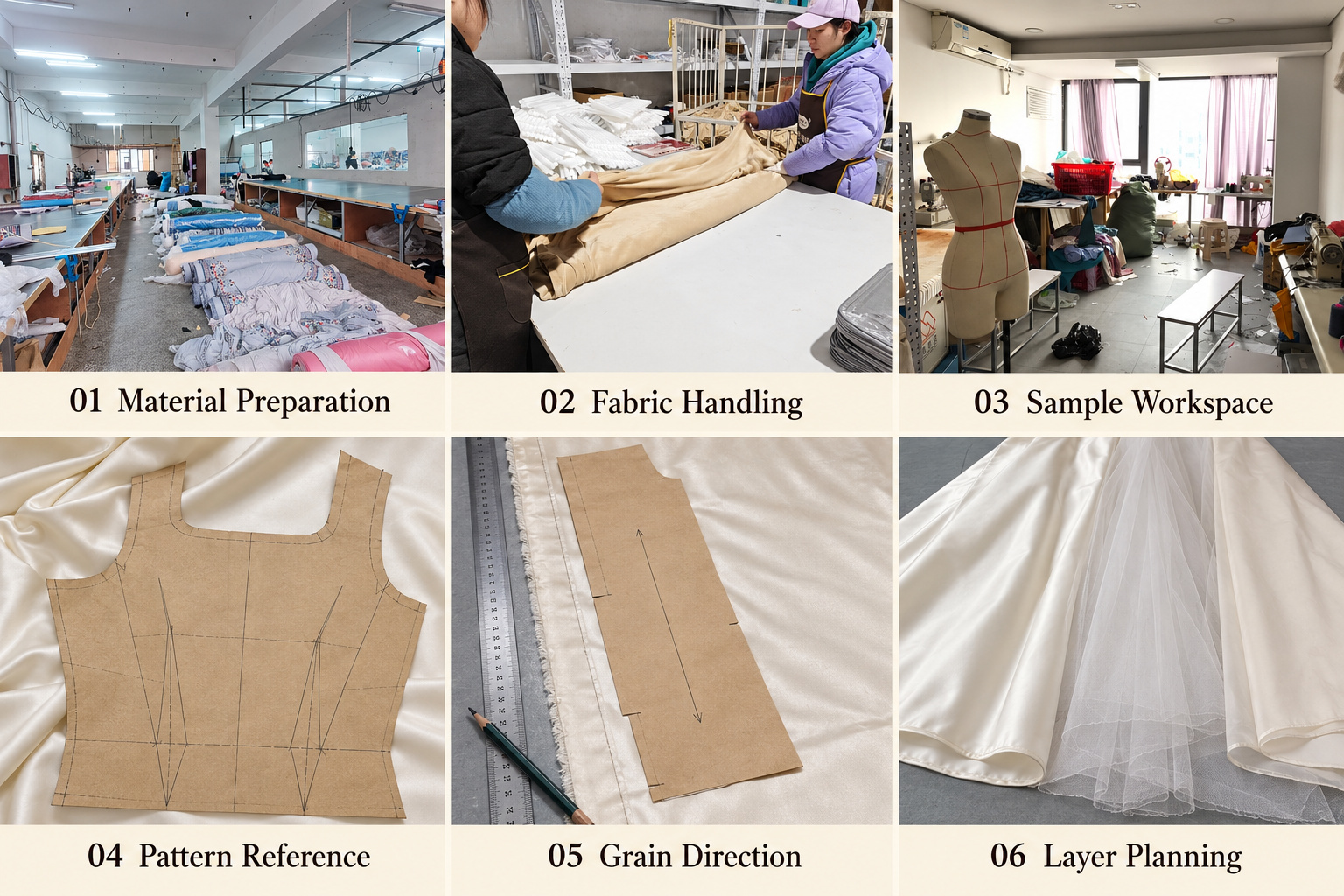 Bridal cutting preparation showing fabric handling, paper patterns, grain direction and skirt layers.