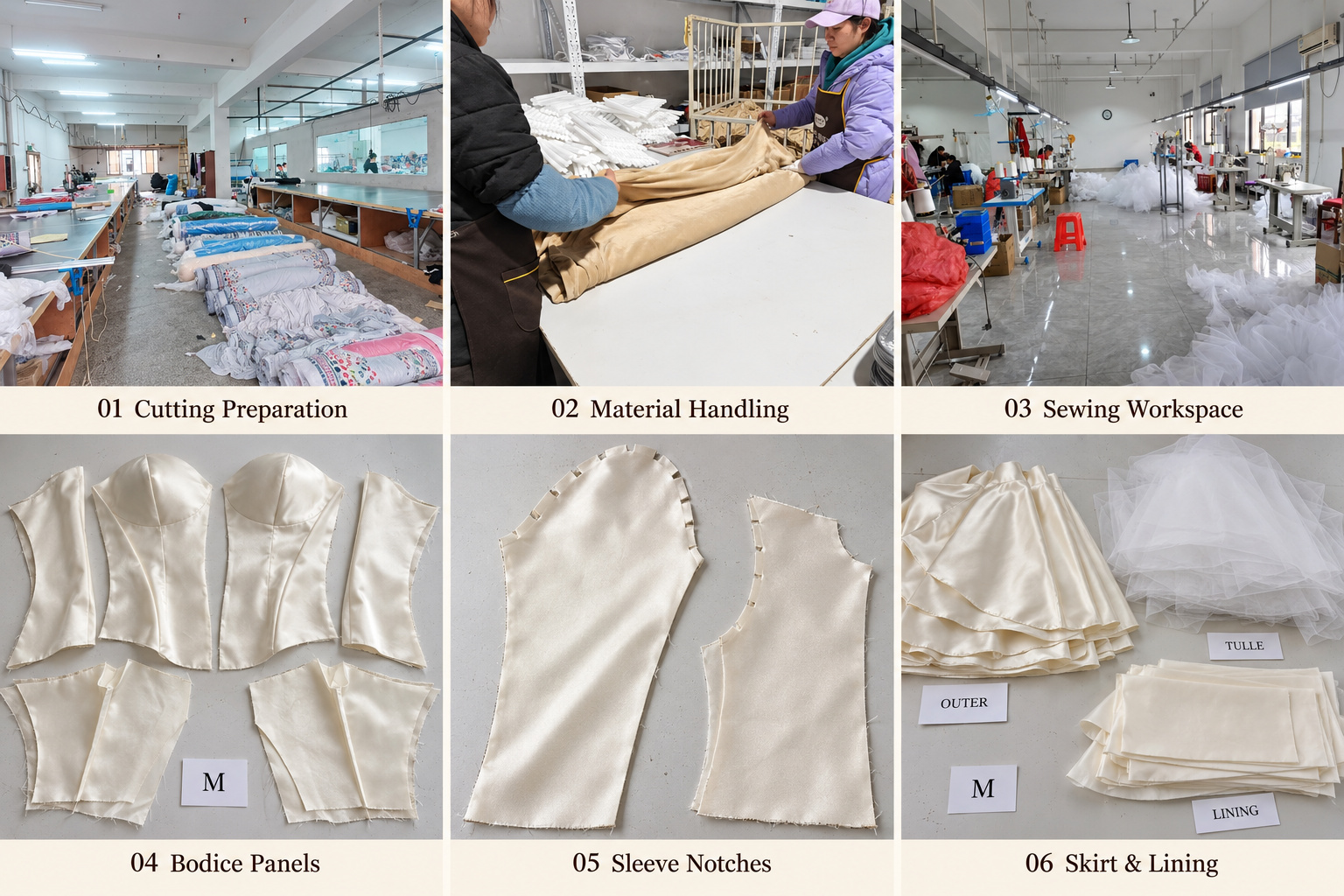 Bridal cutting preparation with bodice panels, sleeve notches and grouped skirt and lining pieces.