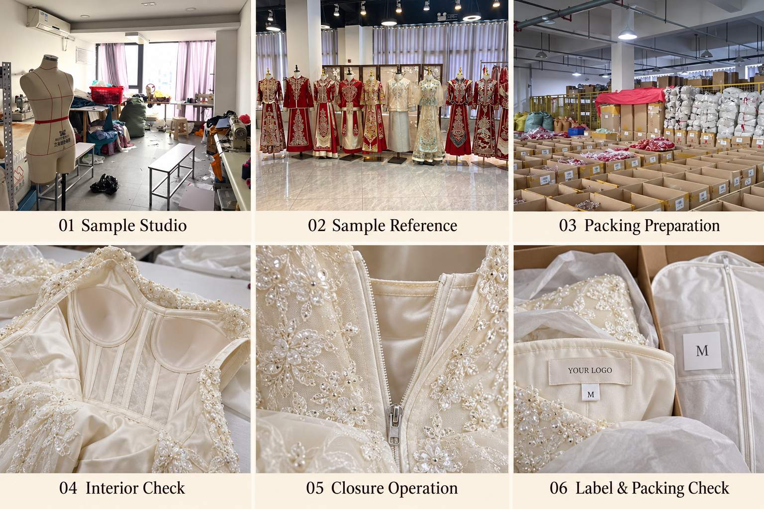 Bridal dress interior, zipper and size label checks with sample and warehouse photos.