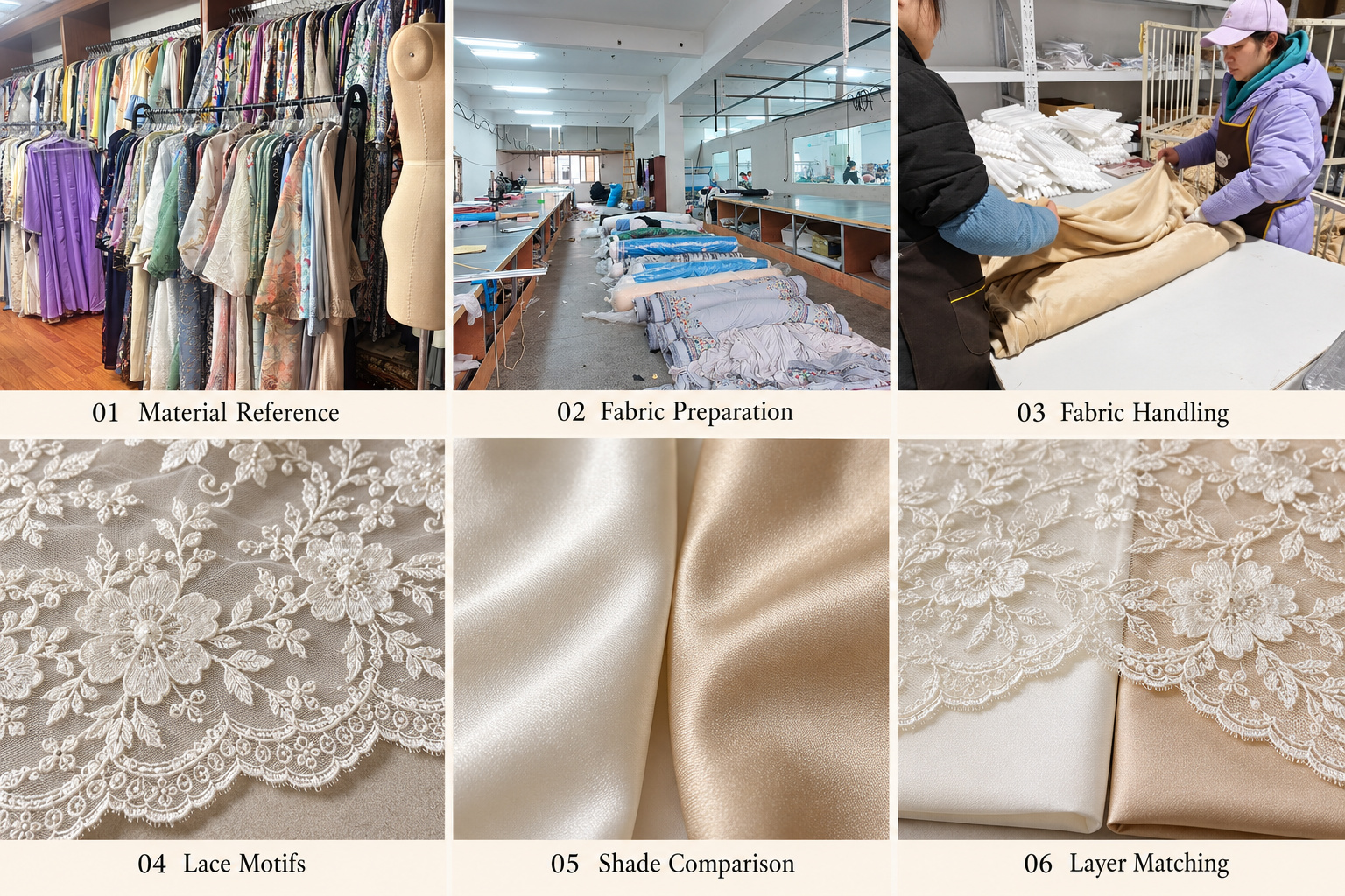 Bridal fabric and lace review showing material preparation, lace motifs, shade comparison and lining layers.