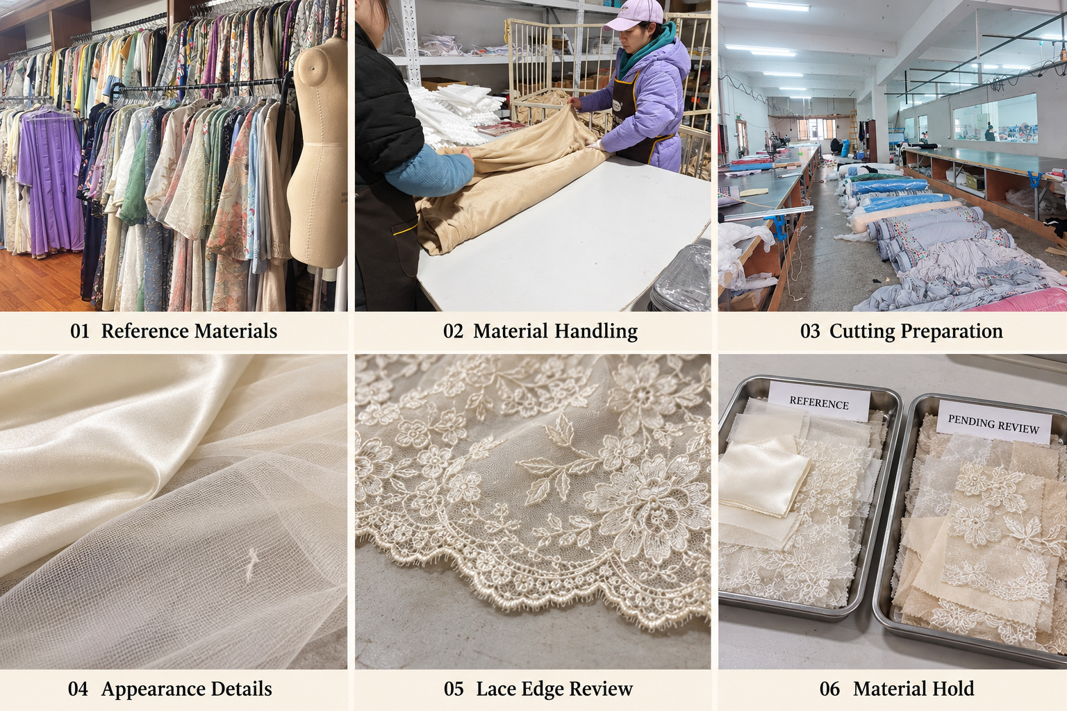 Bridal fabric review showing material handling, fabric appearance, lace edges and samples pending review.
