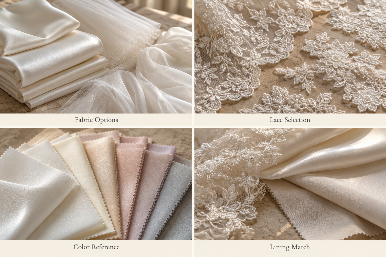 Bridal fabrics, lace appliqués, color swatches and lining samples.