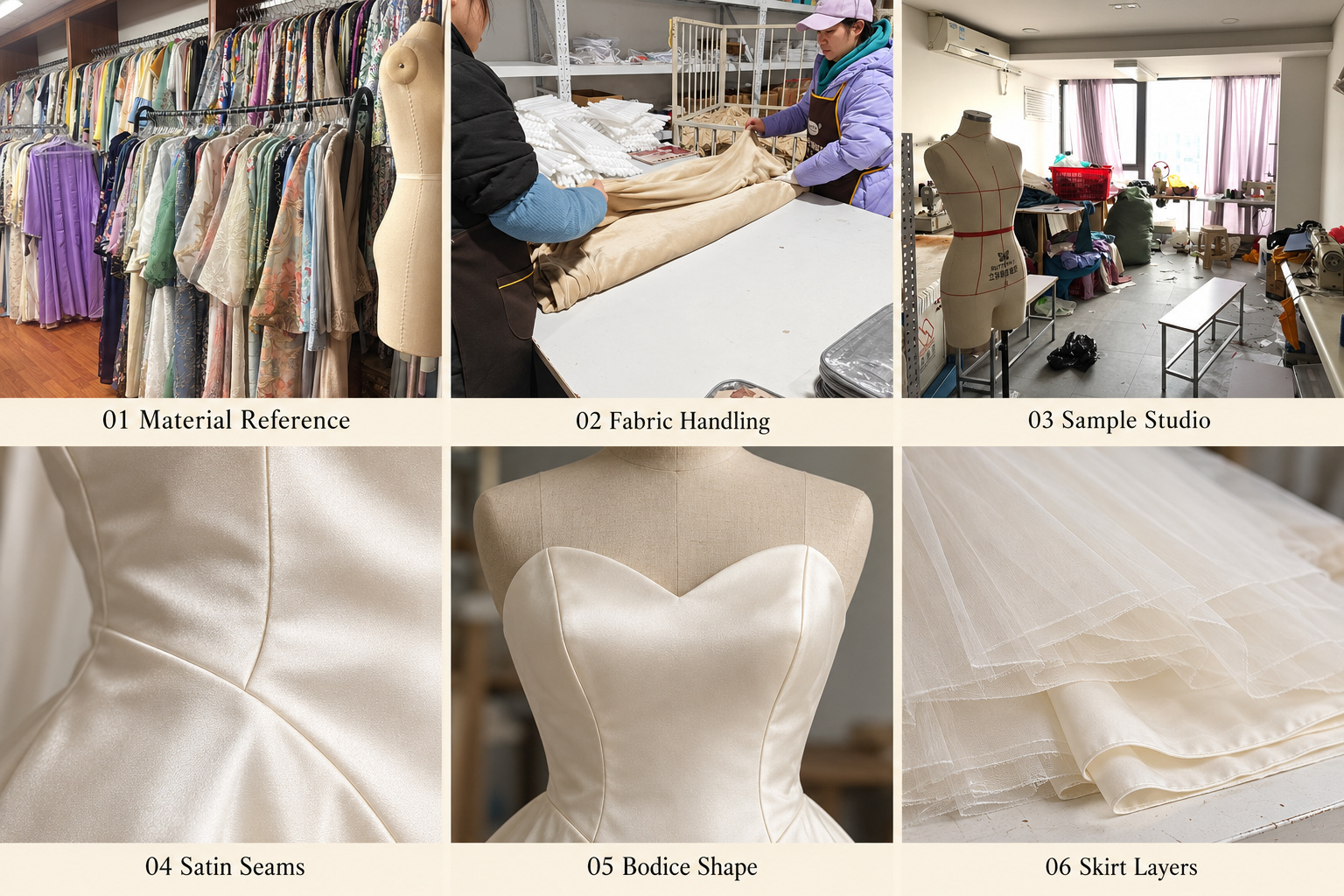 Bridal finishing preparation showing satin seams, bodice shape and skirt layers.