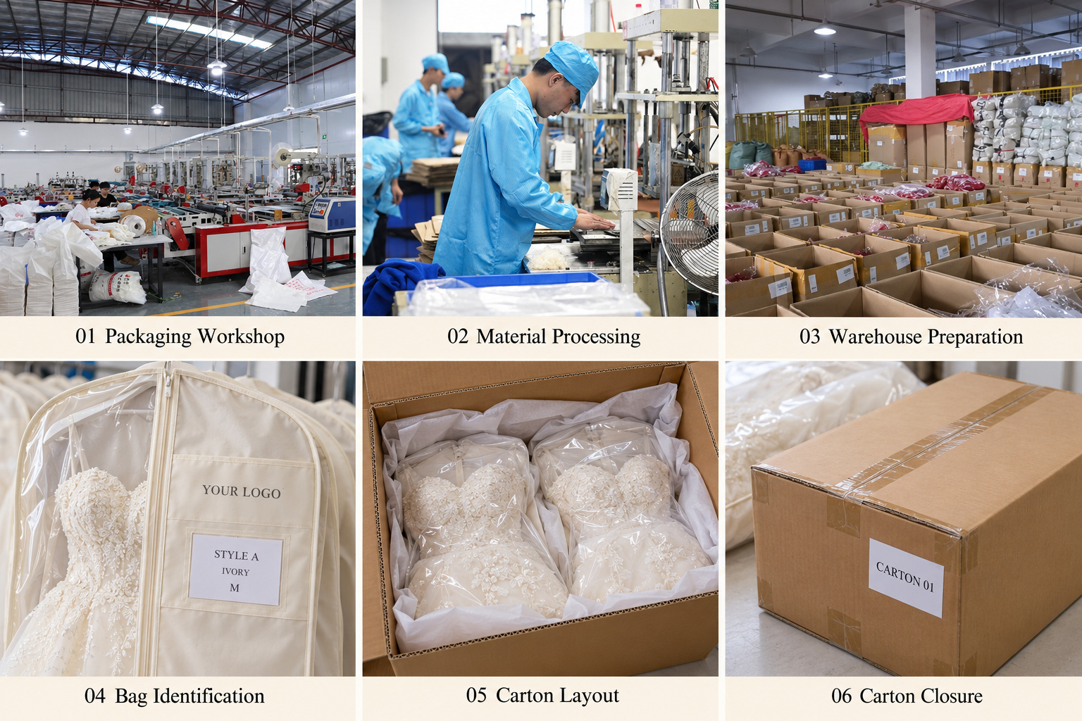 Bridal garment bag identification, carton layout and sealing with packaging workshop photos.