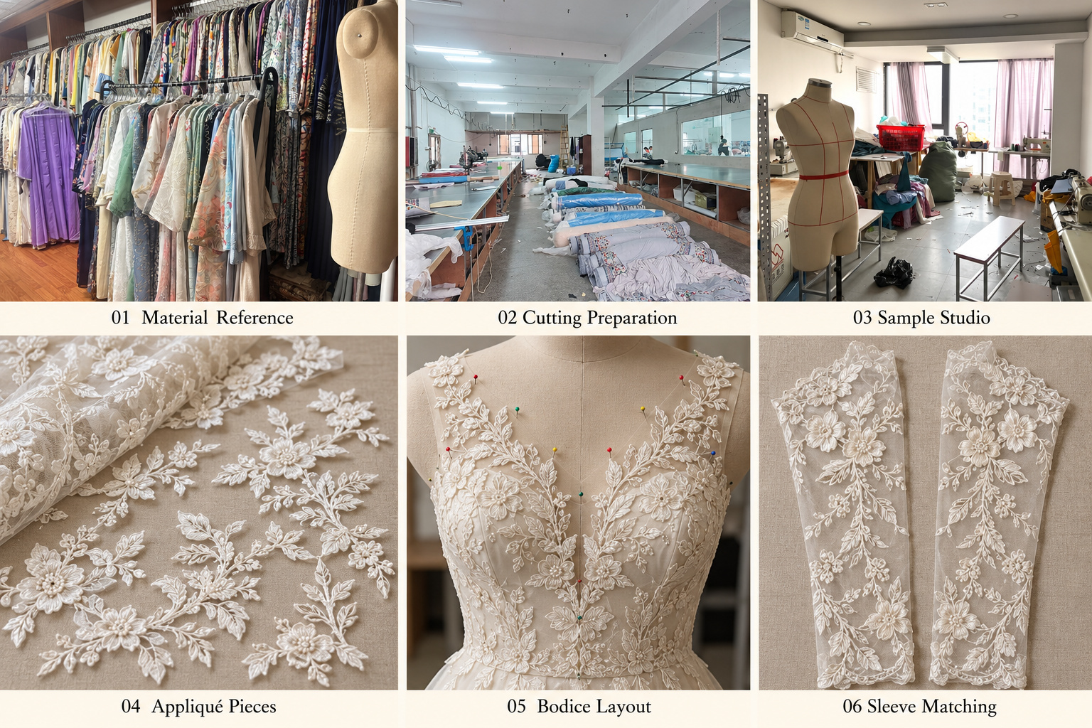 Bridal lace appliqué pieces, bodice placement and sleeve matching with workshop photos.
