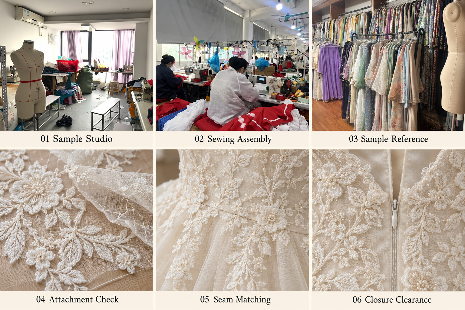 Bridal lace attachment, seam matching and zipper clearance details with workshop photos.