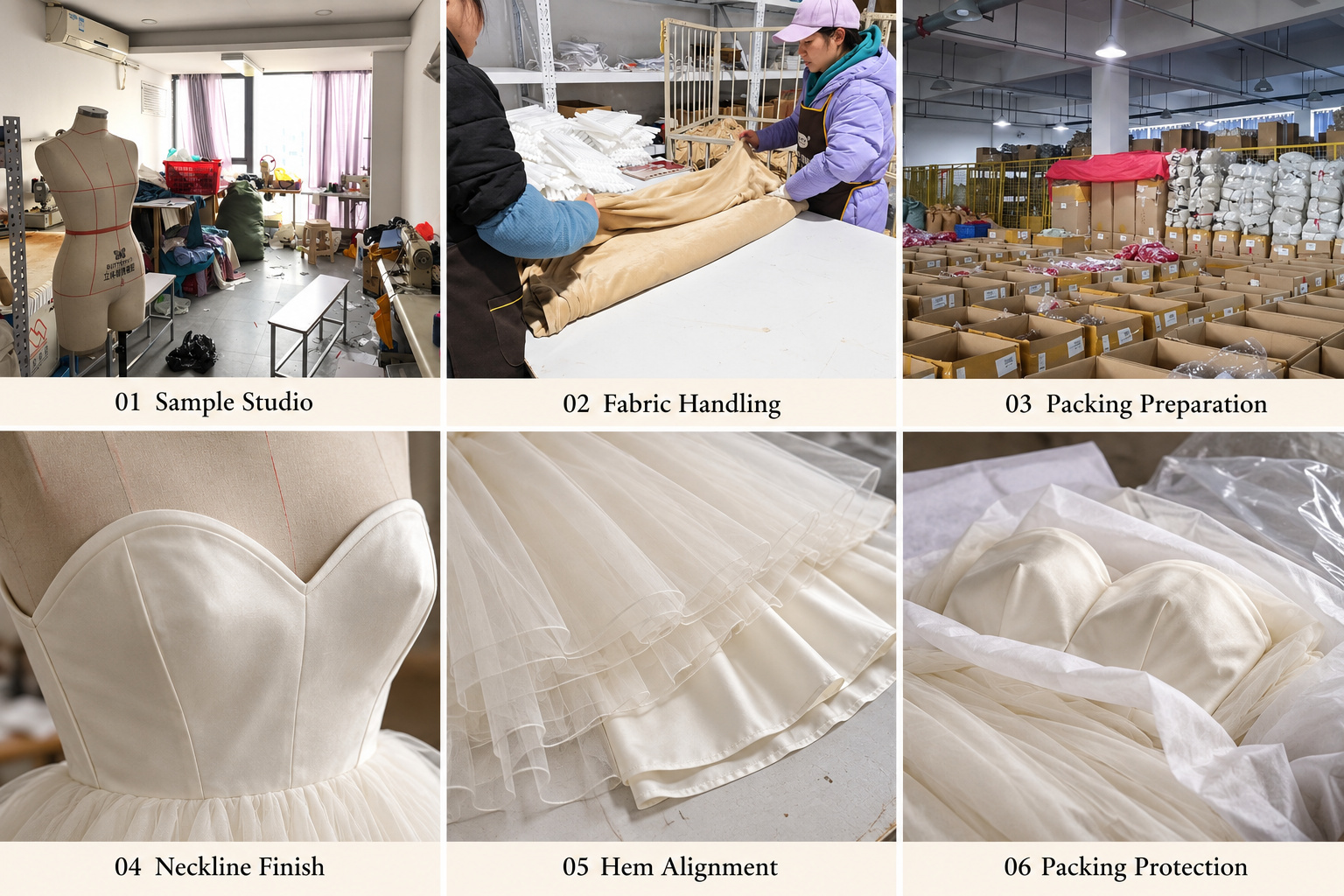 Bridal neckline finishing, hem alignment and protective packing with original workshop photos.