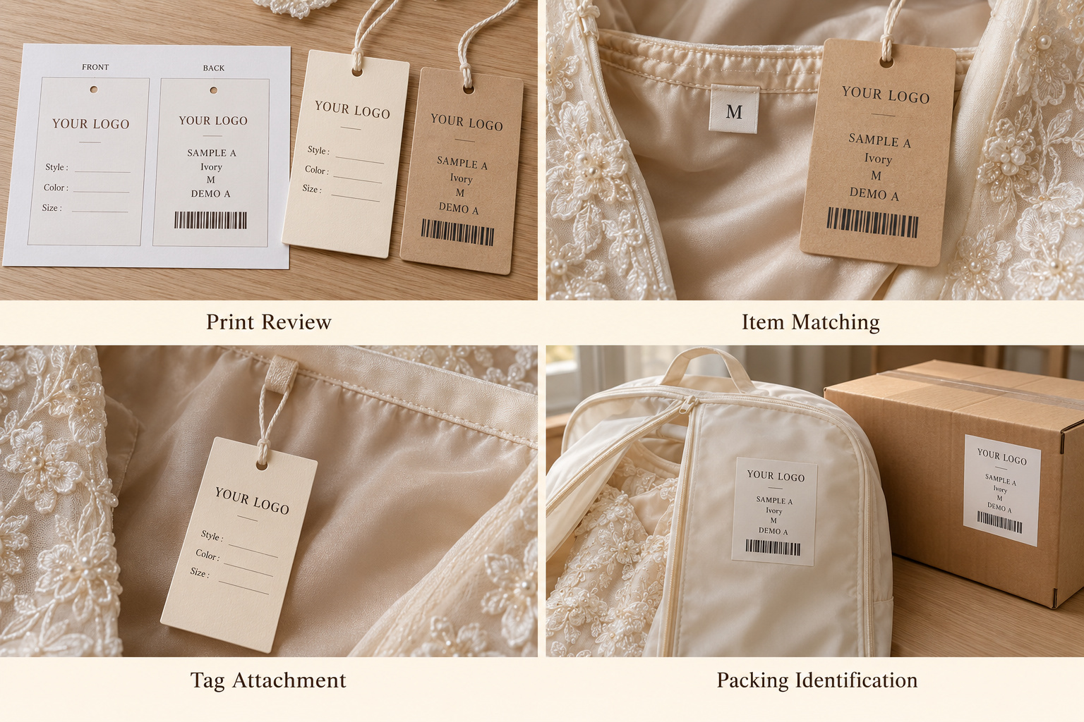 Bridal order identification with cream hangtags, size labels and export packaging.