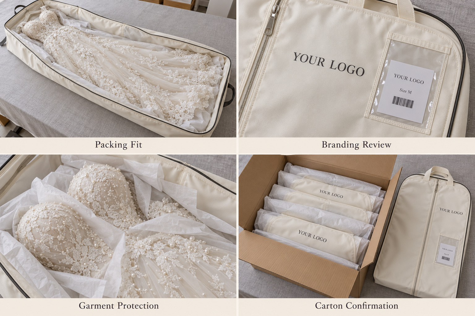 Bridal packaging review showing garment bag fit, branding, bodice protection and carton packing.