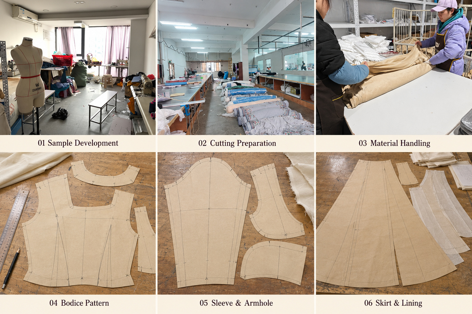 Bridal pattern development showing sample preparation, fabric handling and bodice, sleeve and skirt patterns.