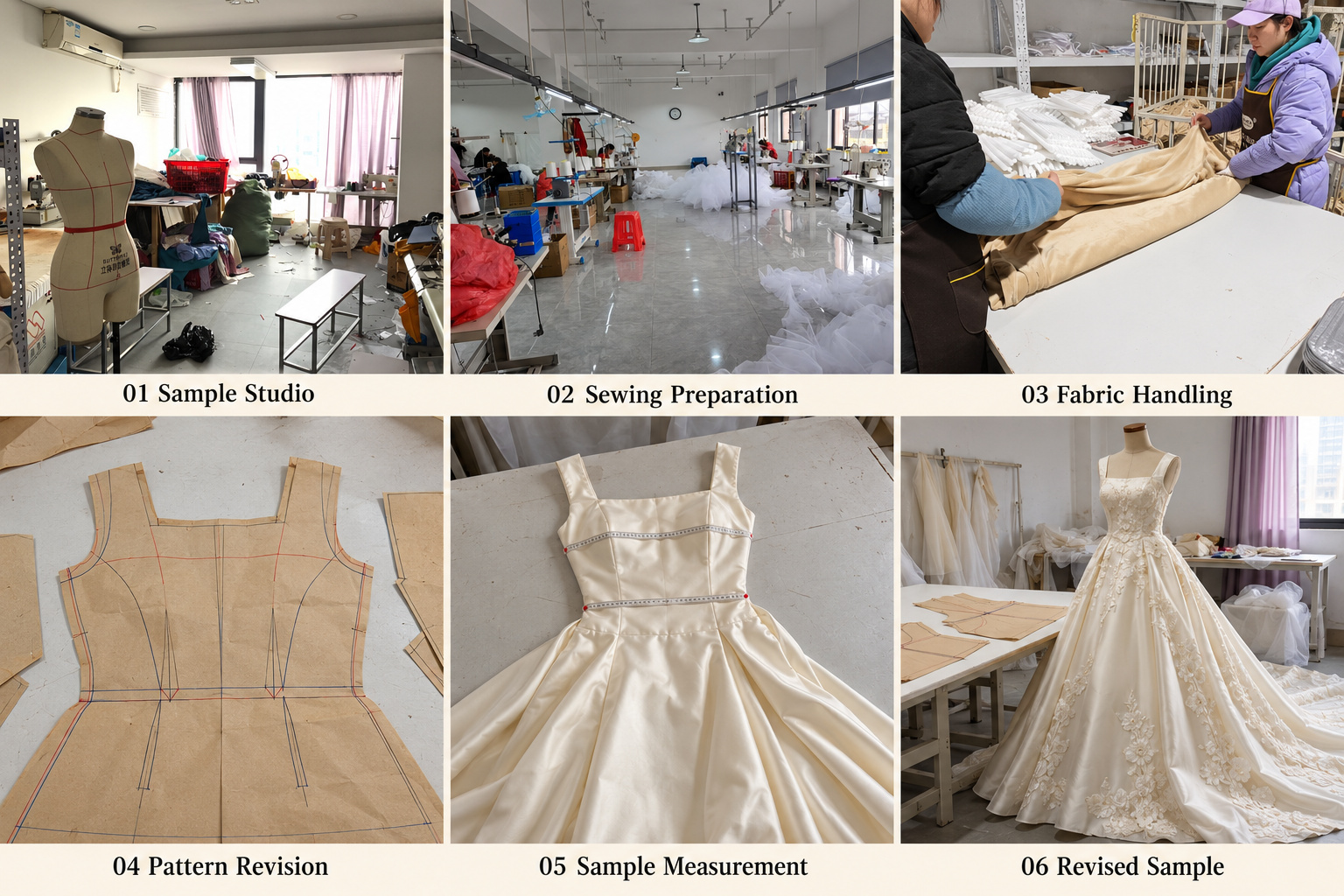 Bridal pattern revision showing sample preparation, measurement checks and a revised gown.
