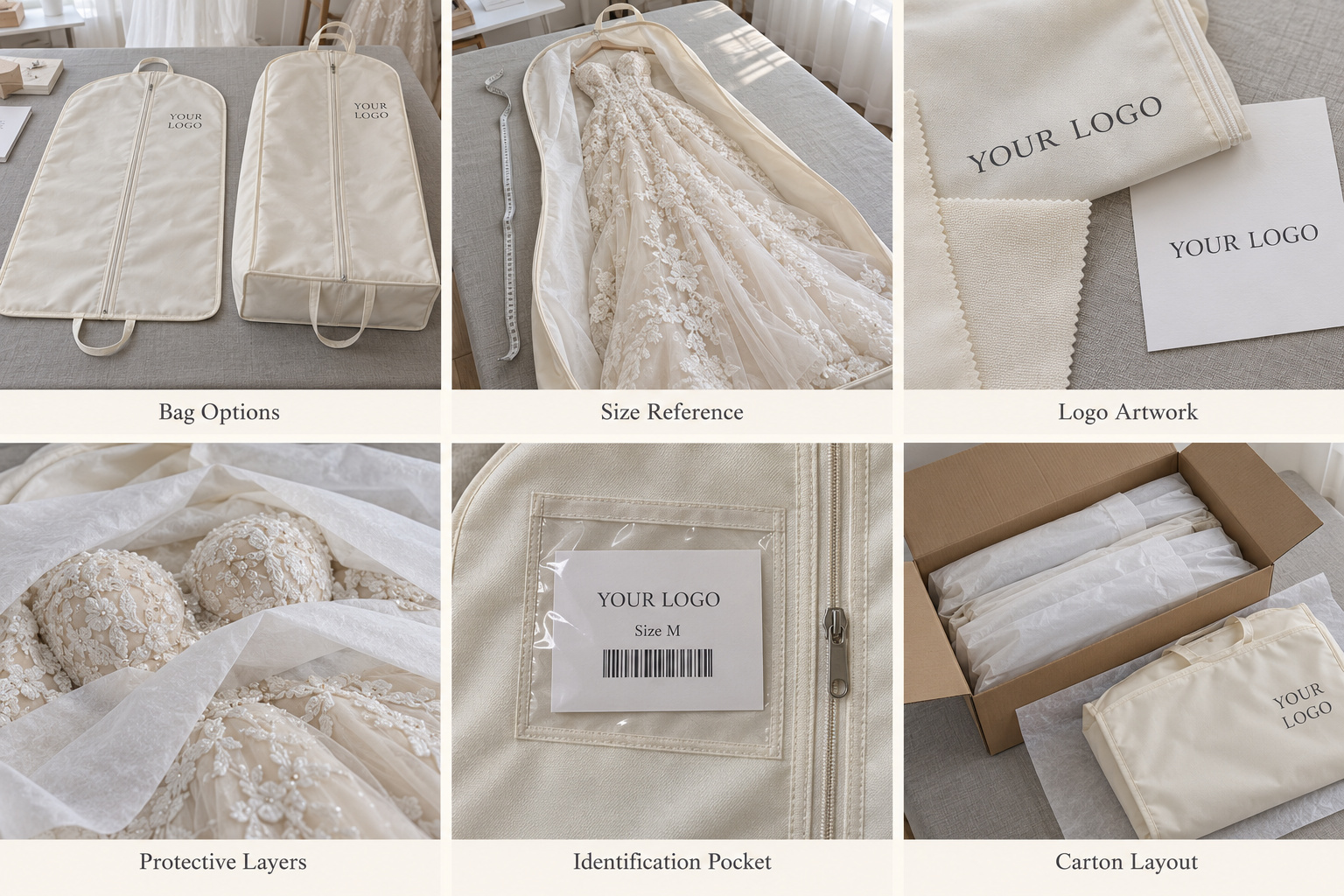 Custom bridal garment bags with logo samples, protective layers and carton packing.