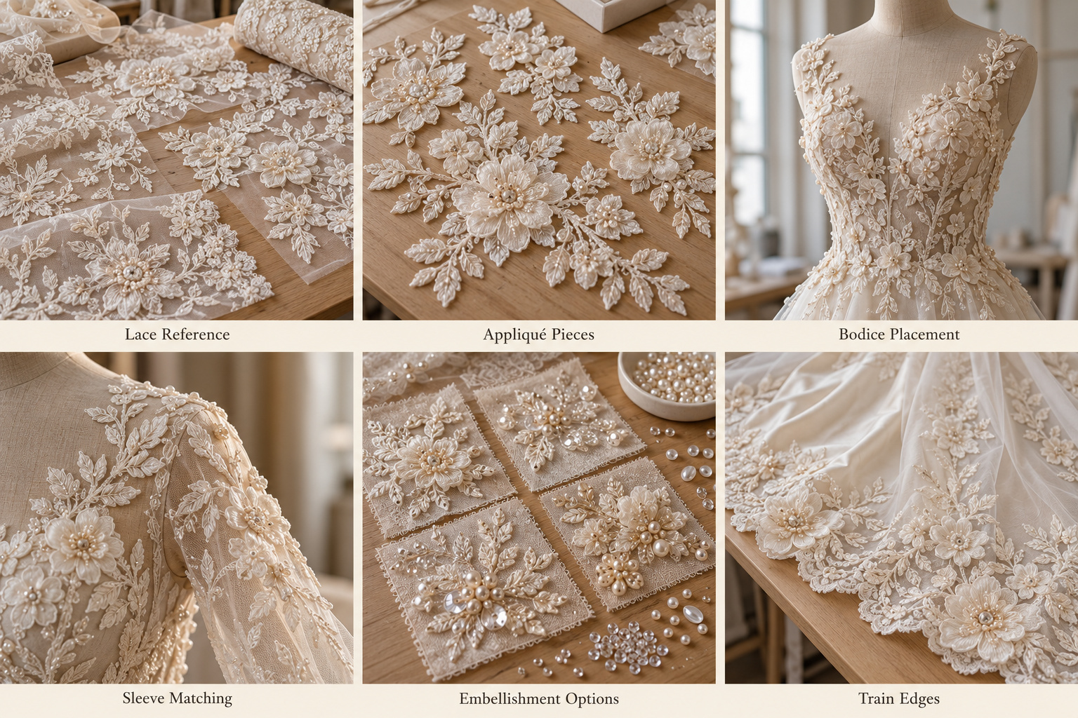 Dimensional bridal appliqués with bodice placement, beadwork and lace train edges.