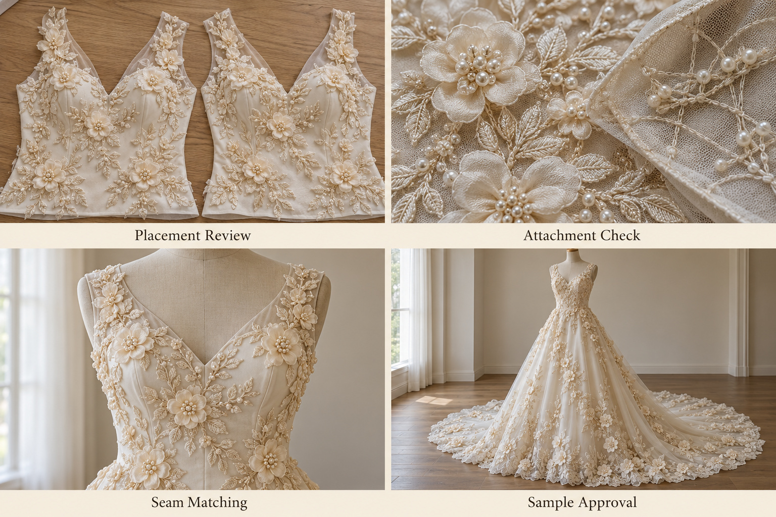 Floral bridal appliqué placement, bead attachment and revised wedding dress sample.