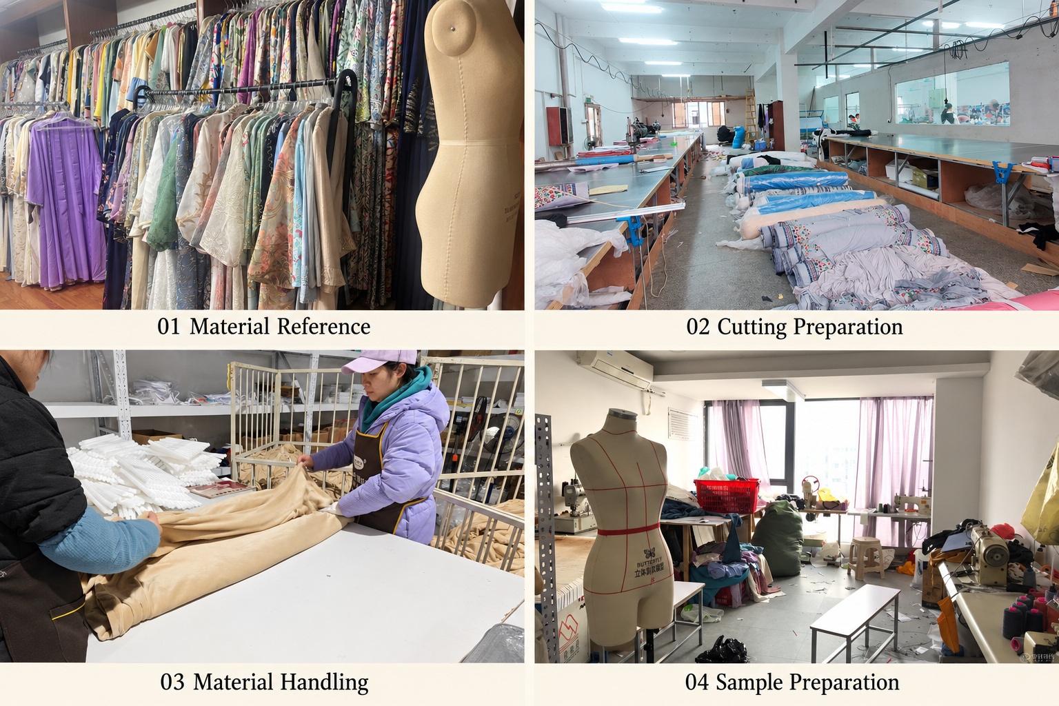 Garment material references, cutting preparation, fabric handling and sample studio.