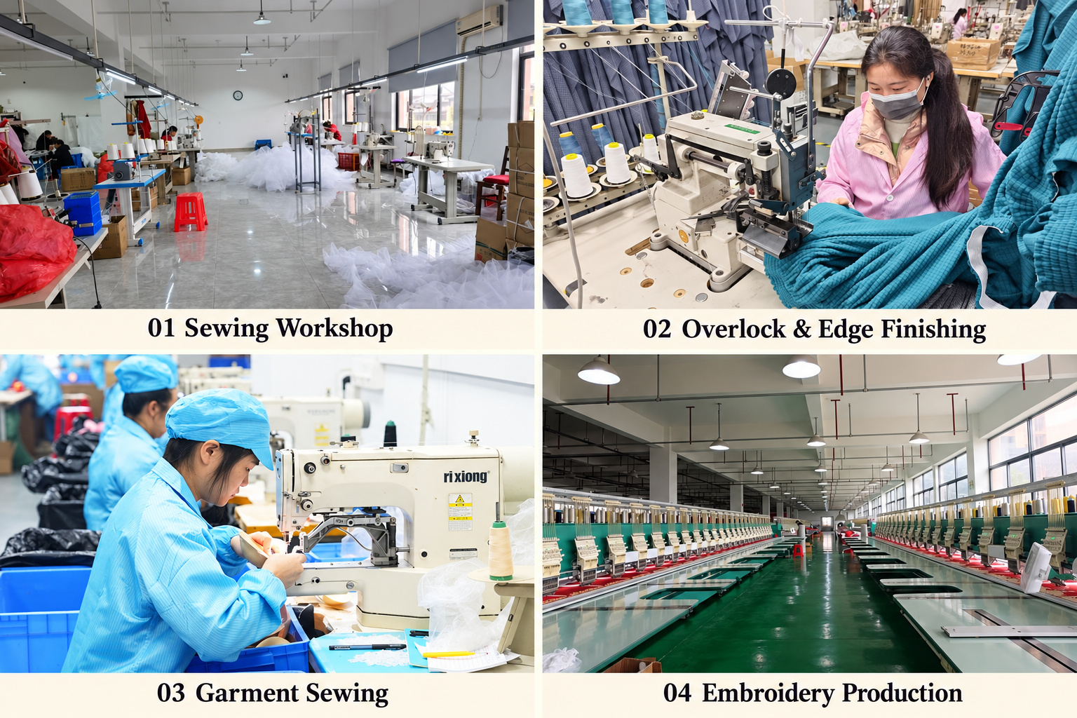 Garment sewing workshop, overlock finishing, sewing workstation and embroidery production.