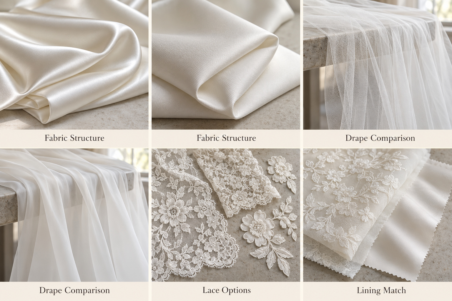 Ivory bridal fabrics with lace patterns and matching lining.