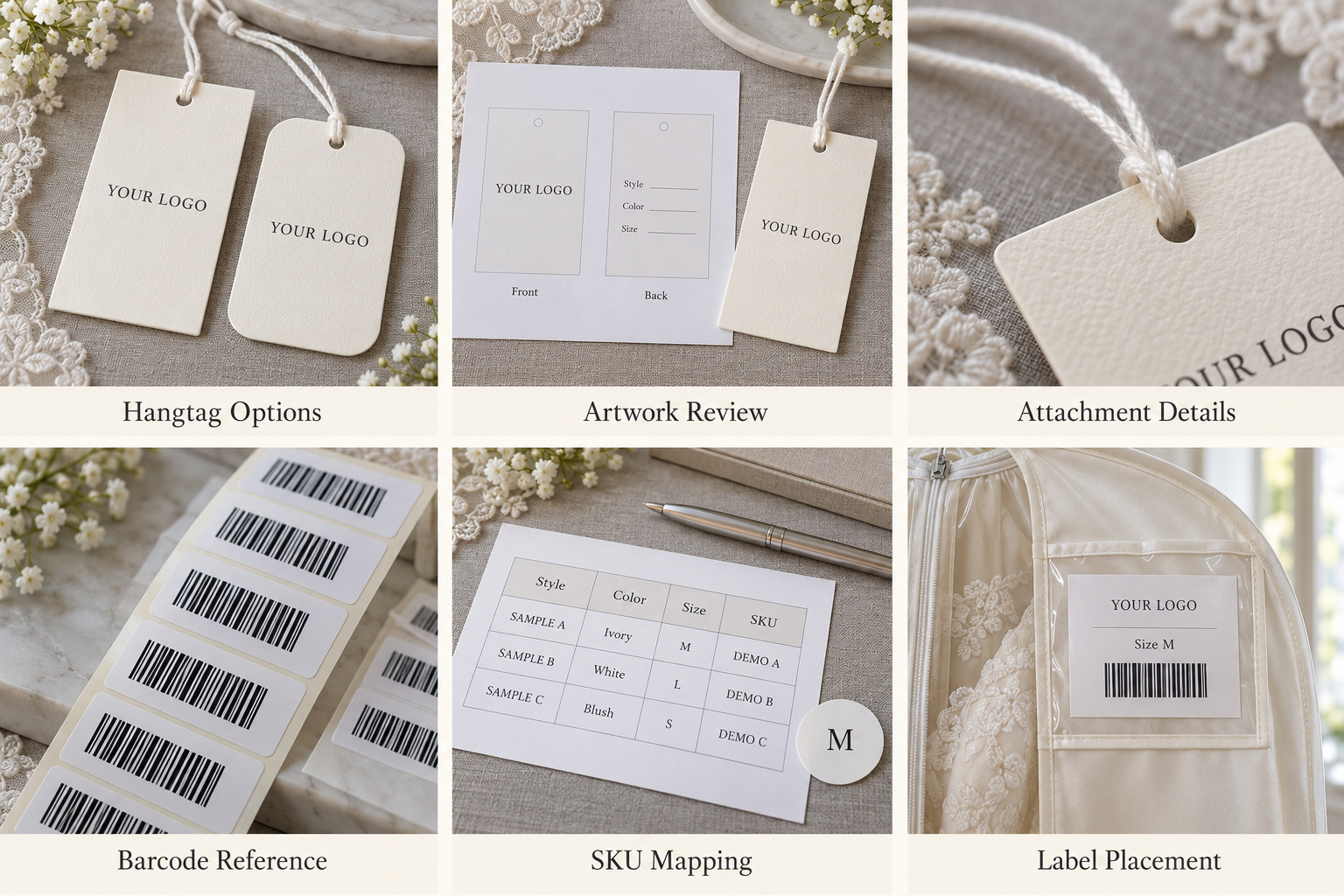 Ivory bridal hangtags with barcode references, SKU mapping and bag label placement.