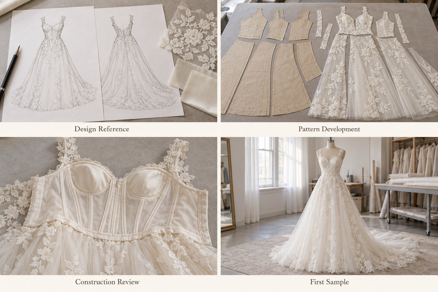 Lace bridal dress design, cut panels, bodice structure and sample.