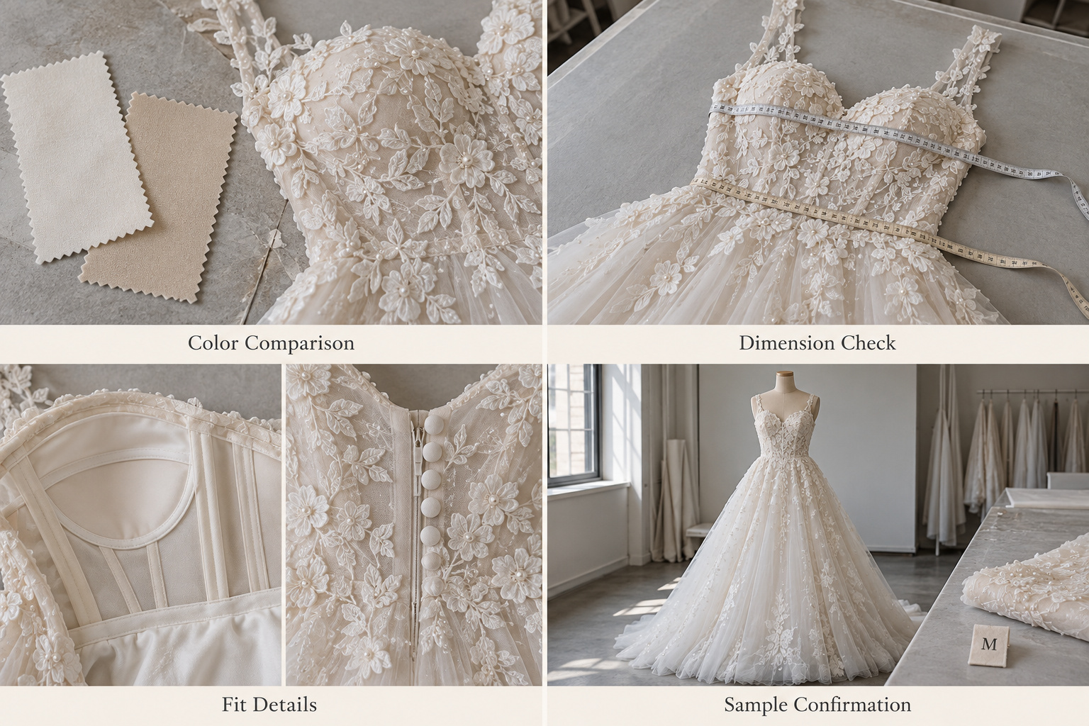 Lace bridal gown with color references, bodice checks and size label.