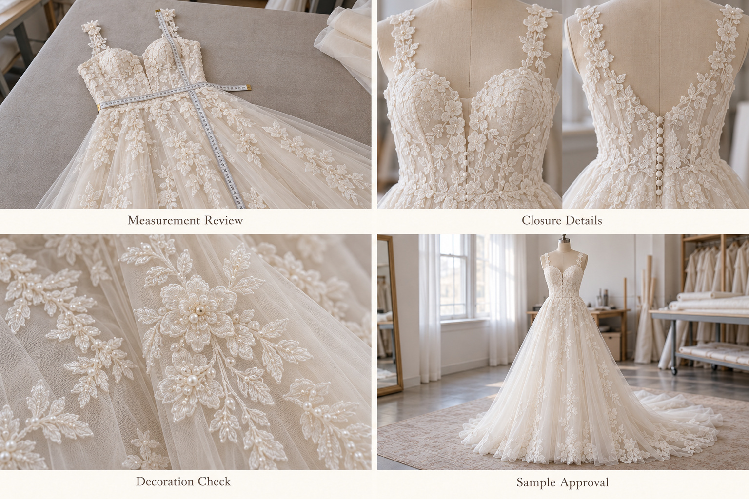 Lace bridal sample with sizing, back closure and pearl details.