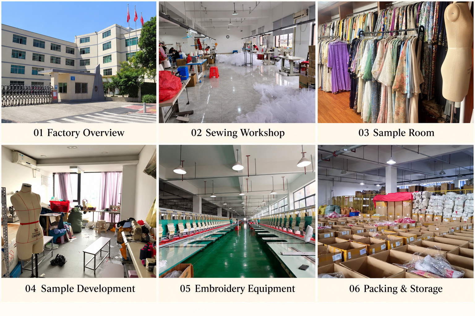 Manufacturing overview showing factory exterior, sewing workshop, sample room, embroidery equipment and packing warehouse.