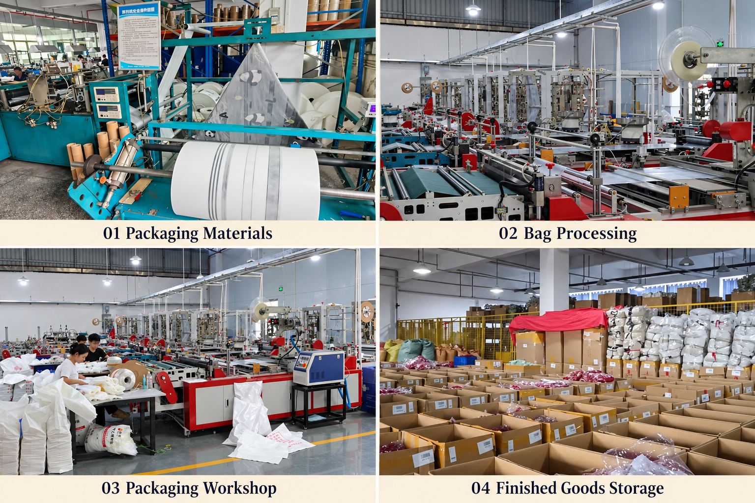 Packaging material processing, bag production workshop and finished goods storage.
