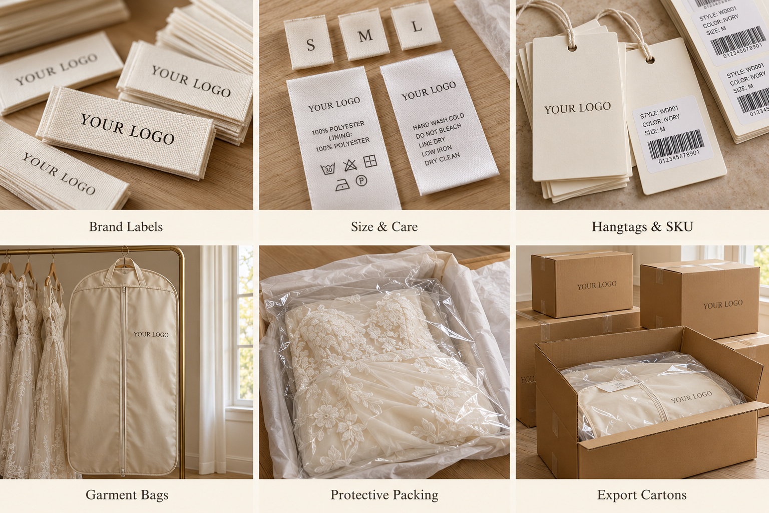 Private label bridal labels, branded garment bags and export cartons.