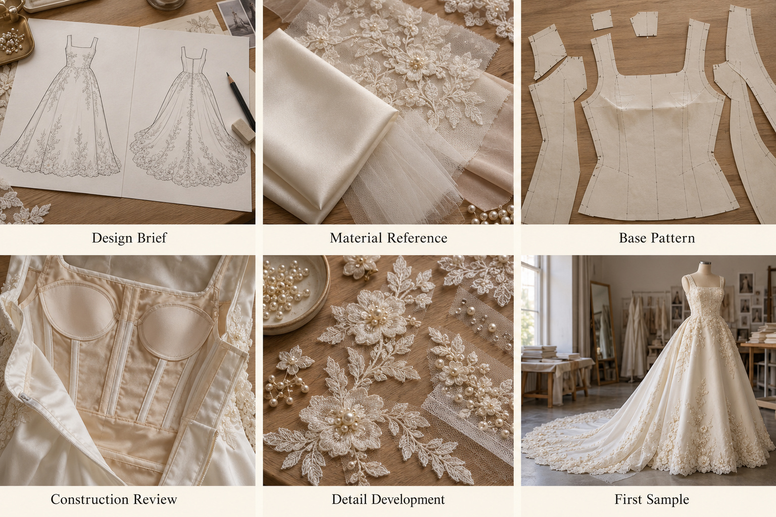 Satin bridal sample development showing materials, paper patterns and construction details.