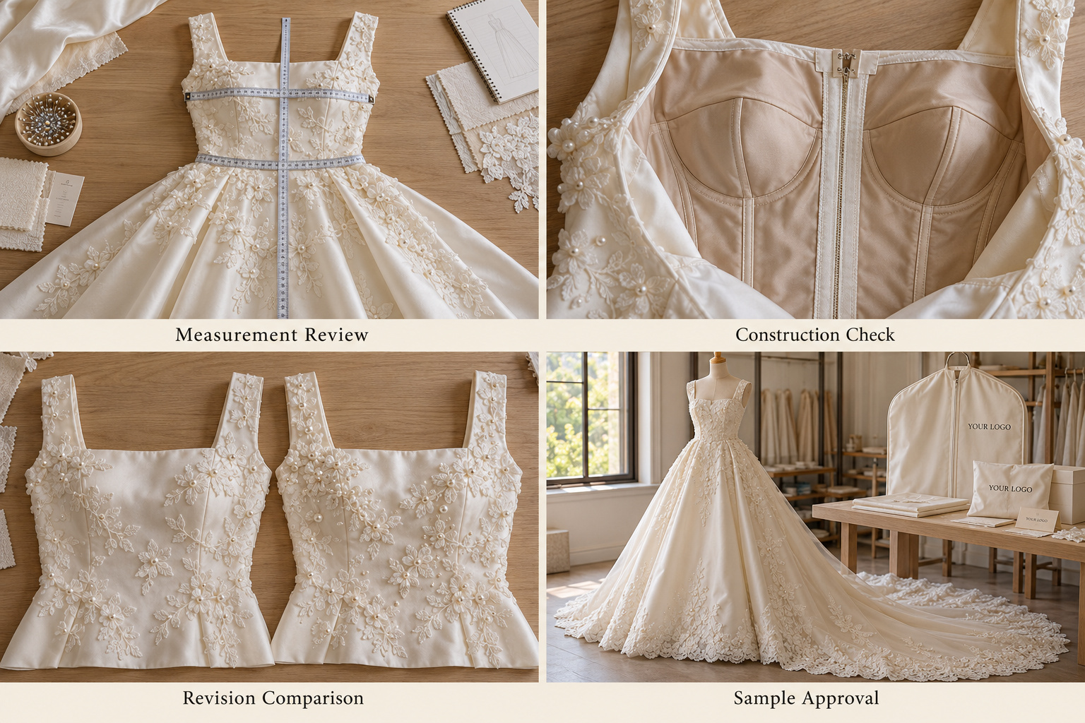 Satin wedding dress sample review with measurement checks, closure details and revised appliqués.