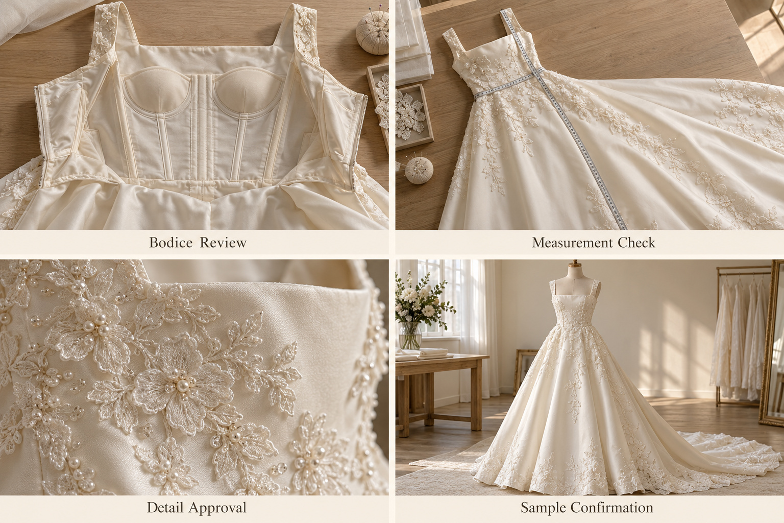 Satin wedding dress sample with lining, measurement and appliqué details.