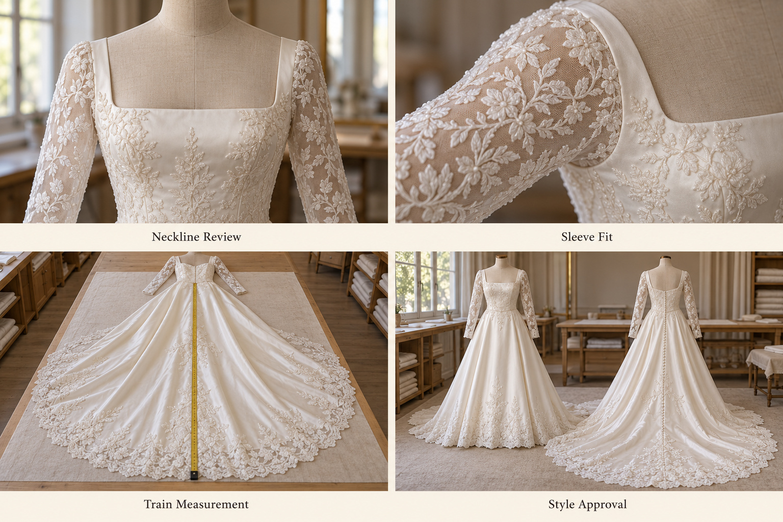 Satin wedding dress style review showing square neckline, lace sleeves and train measurement.