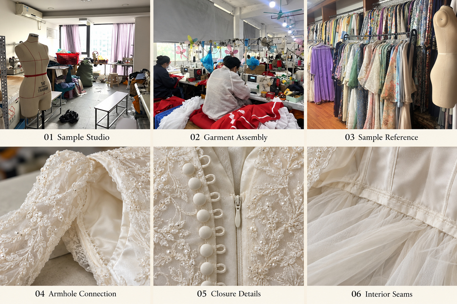 Sewing studio and sample room with bridal armhole, closure and interior seam details.