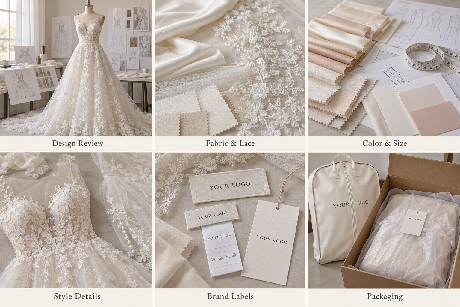 Wedding dress OEM options with lace, sizing, labels and packaging.