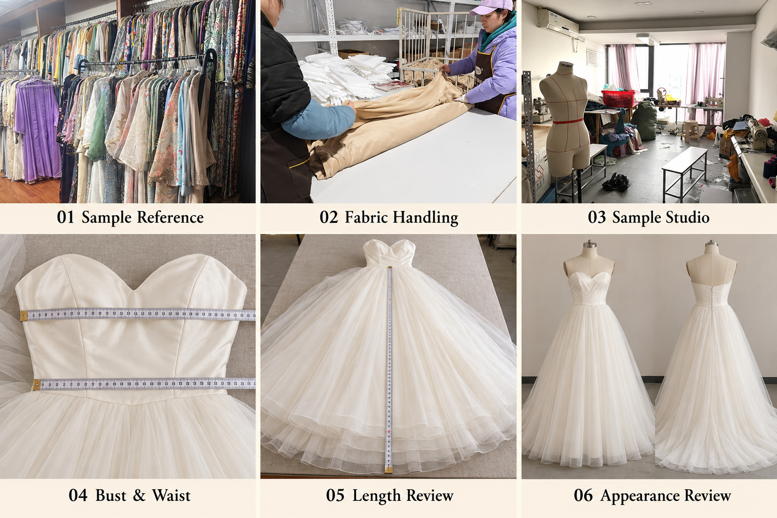 Wedding dress bust, waist and length measurements with front and back appearance views.