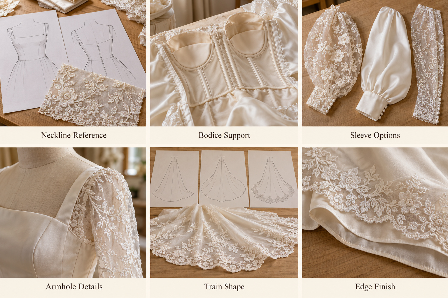 Wedding dress neckline, sleeve and train development with satin and lace samples.